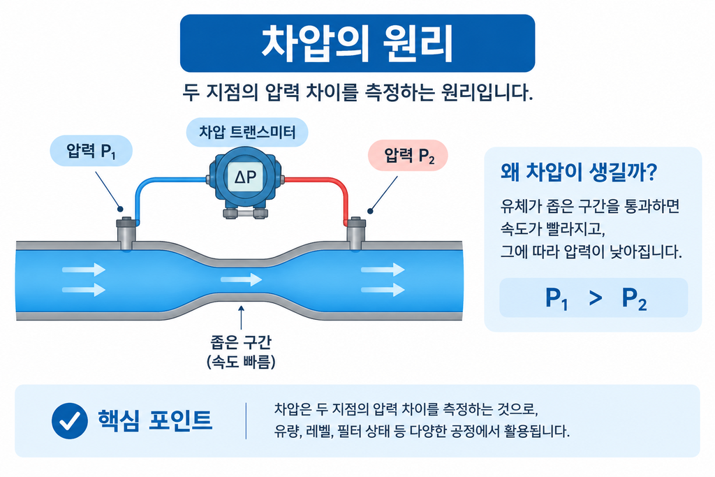 차압의 원리와 산업용 압력 측정에서의 활용 분야 1 차압 원리 인포그래픽